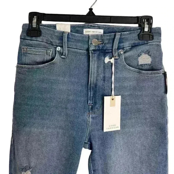 Good American Good Waist High Rise Distressed Crop Jeans blue678 Size 0/25 - Picture 3 of 10